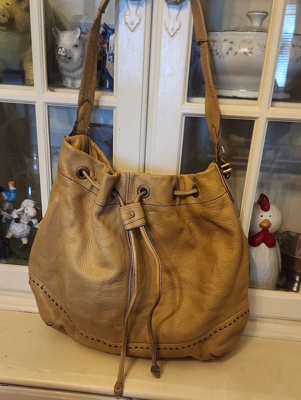 Cole HANN Leather Drawstring Shoulder Bag - Tan
